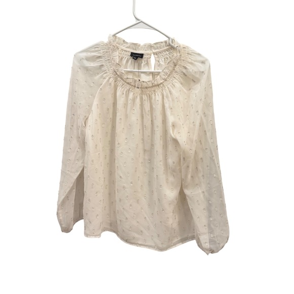 Talbots Womens Small Cream Silver Metallic Clip Dot Smocked Ruffle Blouse NWT - Picture 3 of 7